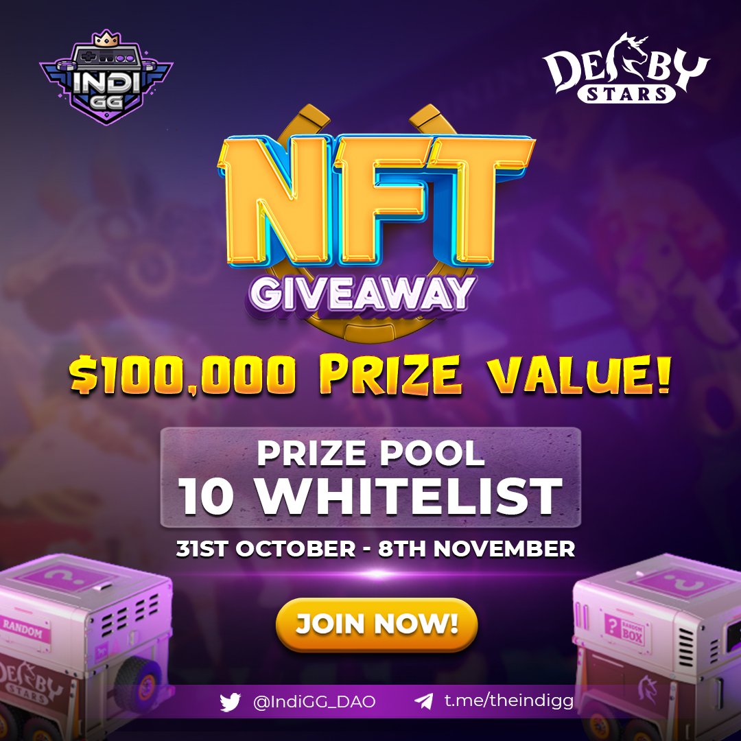 The #Indigg X Derby Stars #GleamGiveaway is here!🔥

We are joining hands with <a href="/DerbyStars_HQ/">Derby Stars</a> to give bounties galore!🤑

📅31st Oct - 8th Nov
 
Lucky winners get👇

✅10 WL (Randombox NFT)
💰Prize Pool Value - $100000 💰

Participate now👇
gleam.io/30FHf/indigg-x…