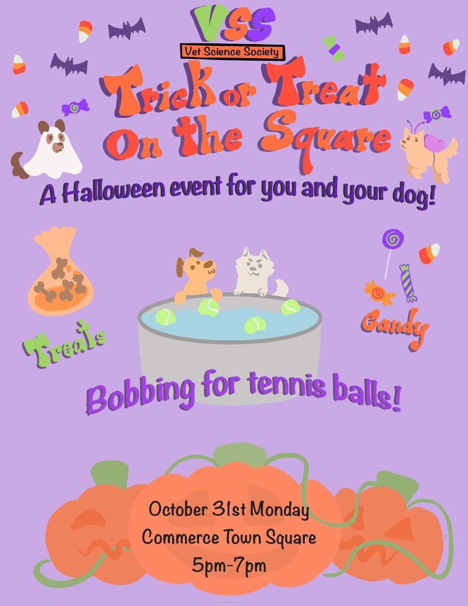 tamucvss's tweet photo. Come join us tonight at the commerce town square with your fuzzy friends to bob for tennis balls and treats!🎃🐶👻🎾 https://t.co/DMcrOFow1M