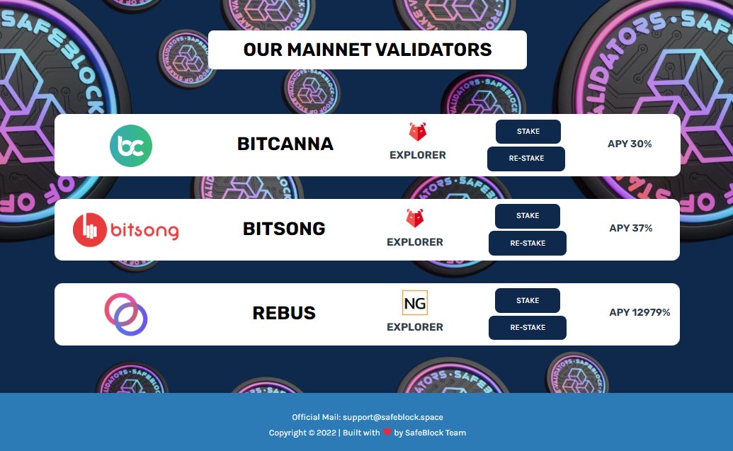 SafeBlockSpace's tweet photo. On Safe Block website you will find all the necessary links to stake with 
@BitCannaGlobal ➡️ $BCNA
@BitSongOfficial ➡️ $BTSG
@RebusChain ➡️ $REBUS

https://t.co/fozQ4R71EC

#bitcanna #bitsong #rebus #validators #website #safeblock #blockchain #cosmos https://t.co/vgkJ7AmrVf