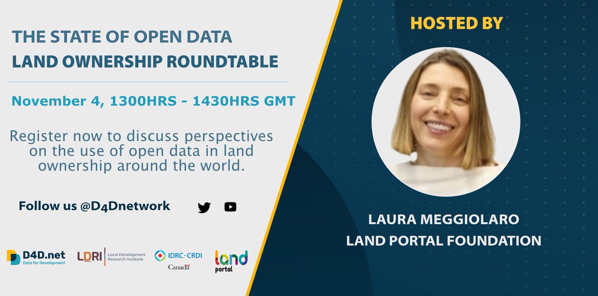 4/5 We invite you to join @MeggiolaroLaura as she discusses perspectives on the use & impact of #opendata on #Landownership around the 🌍with @nico_grossman @charlthombayer and Prof. Pamela Robinson. 📅November 4th ⏰13h00-14h30 GMT RSVP: bit.ly/3CqPhqt #d4dnetwork