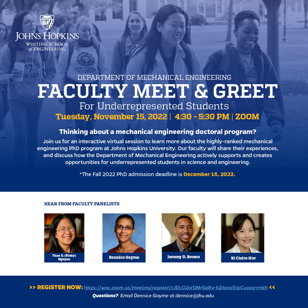 Johns Hopkins Engineering (@hopkinsengineer) on Twitter photo Thinking about a #MechanicalEngineering doctoral program? <a href="/jhumeche/">JHUMECHE</a> is hosting a virtual Faculty Meet & Greet for Underrepresented Students on Nov 15. Connect with <a href="/Dr_Jdelaine/">Jeremy DeLaine Brown, PhD</a>, <a href="/fromHurLab/">SJ Claire Hur</a>, @NguyenLabJHU, and Dennice Gayme! #diversityinstem Register: wse.zoom.us/meeting/registโฆ Thinking about a #MechanicalEngineering doctoral program? <a href="/jhumeche/">JHUMECHE</a> is hosting a virtual Faculty Meet & Greet for Underrepresented Students on Nov 15. Connect with <a href="/Dr_Jdelaine/">Jeremy DeLaine Brown, PhD</a>, <a href="/fromHurLab/">SJ Claire Hur</a>, @NguyenLabJHU, and Dennice Gayme! #diversityinstem Register: wse.zoom.us/meeting/registโฆ
