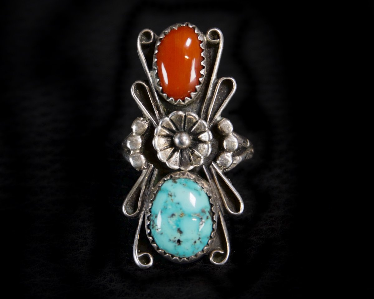Southwestern Navajo Style Turquoise & Coral Silver Ring, Signed etsy.me/3gZVSB9 #southwestern #westernring #turquoisering #turquoisejewelry #vintagejewelry #indianjewelry #vintagerings #handmaderings #handmadegifts  
 Available at Far-Rider-West.com