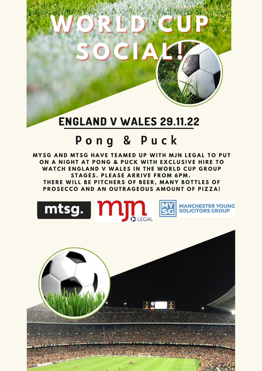 With the World Cup just around the corner, MYSG and <a href="/mcrtsg/">Manchester Trainee Solicitors Group (MTSG)</a> have teamed up with <a href="/MJNLegal/">MJN Legal</a> to put on a night at Pong &amp; Puck to watch England v Wales in the World Cup! ⚽️🏟️
There will be pitchers of beer,prosecco and an outrageous amount of pizza 🍕 eventbrite.co.uk/e/mysg-world-c…