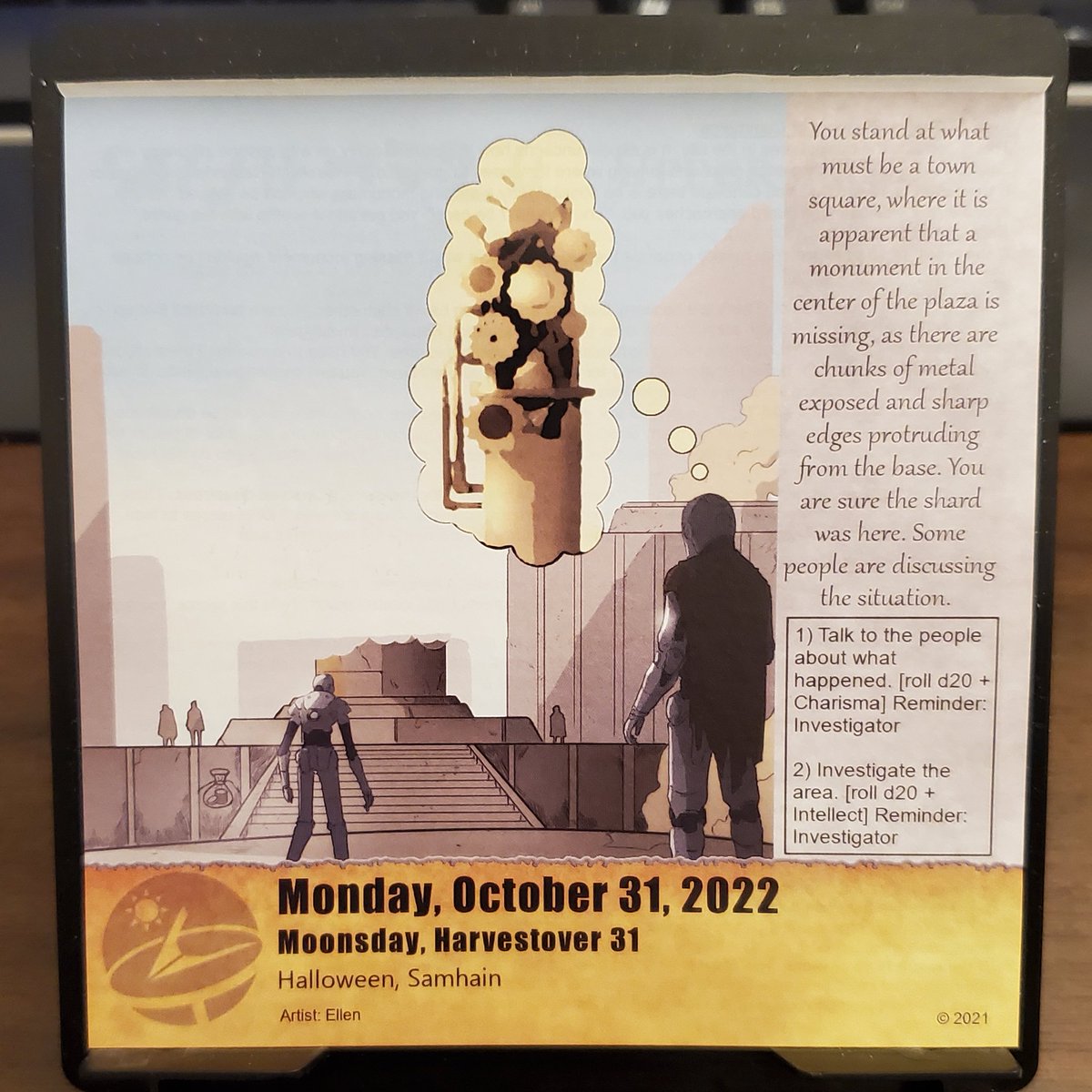 midashand's tweet photo. "Hello, do you drink wine? Want some? What happened?" [15, Aged Wine used]

"Oh boy, this doesn't sound good... Cyborg demon in 5...4...3..." [23]

#ttrpg #QuestCalendar @SundialGamesLLC https://t.co/sdPisRp8ad