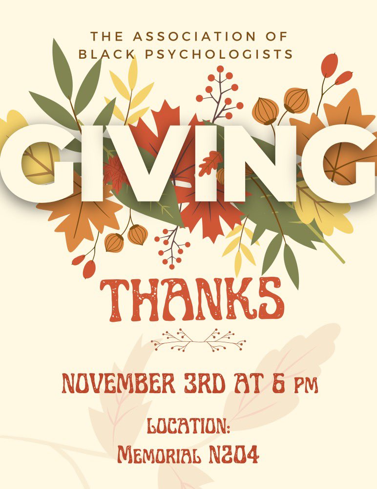 Happy Monday!! Our general body meeting this Thursday at 6 pm to give a little thanks! In this time of giving, We want to give you guys a space that allows you to self-reflect on the good things! The meeting will take place in Memorial Student Union in room N204. See you then 🤎.