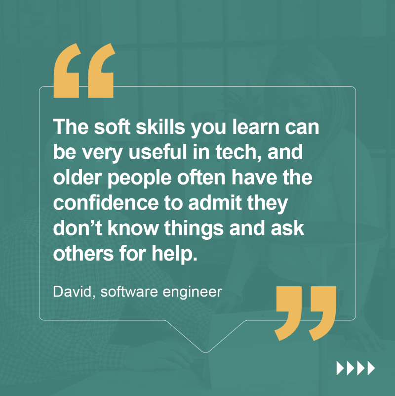 DWPDigital's tweet photo. "Is it true you have to be young to get into tech? 🤔  

➡We asked our experts 👩‍💻

Click right to see what they said 👉

#DigitalWithPupose #TechMythBusters