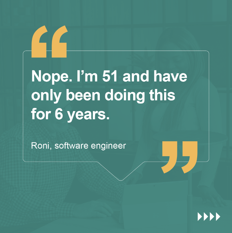 DWPDigital's tweet photo. "Is it true you have to be young to get into tech? 🤔  

➡We asked our experts 👩‍💻

Click right to see what they said 👉

#DigitalWithPupose #TechMythBusters