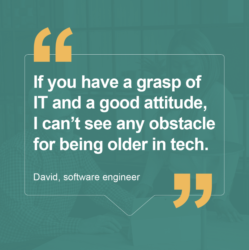 DWPDigital's tweet photo. "Is it true you have to be young to get into tech? 🤔  

➡We asked our experts 👩‍💻

Click right to see what they said 👉

#DigitalWithPupose #TechMythBusters