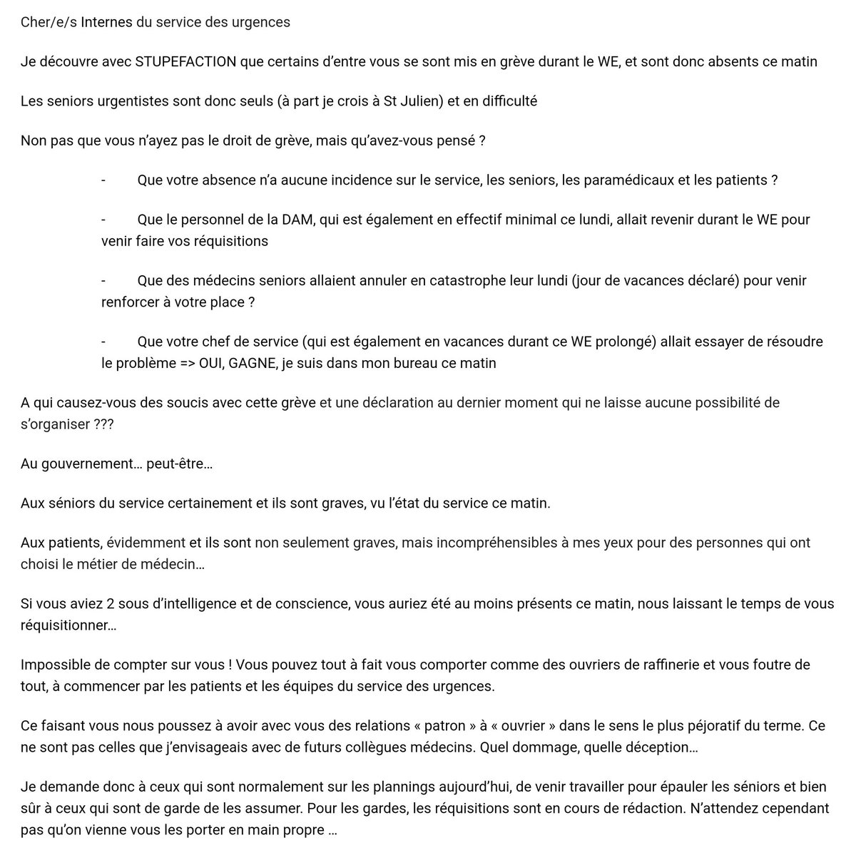 Au @CHURouen un Professeur de Médecine a écrit aux internes grévistes en les qualifiant d'imbéciles avec un 'comportement d'ouvriers de raffinerie'...
Vivement que certains boomers partent à la retraite.