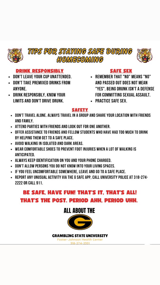 WhatsUpwithFSUB's tweet photo. #gramfam 🐯 Here are a couple tips for staying safe during Homecoming from Foster Johnson Health Center! 🖤💛 #AllAboutTheG #GramHC22 https://t.co/wzthGuy2OF
