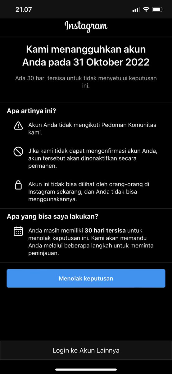 Gue pikir gue sendiri akunya kek gini gue kira gue lakuin pelanggaran,padahl gue gk pernah aneh2 ma akun gue….dah ngajukan banding kirim email jg eh malah gak bsa akun gue malah ilang smga akun gue bisa balik😭 #instagramdown