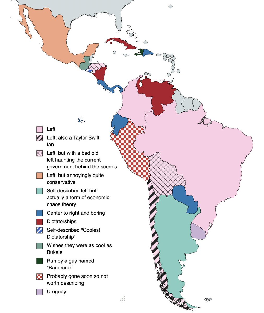 I've heard some people on Twitter aren't happy with the basic left vs right map for Latin America and want more nuance. So here's a first draft with more nuance.

If you don't like it, don't complain. Make a better one.