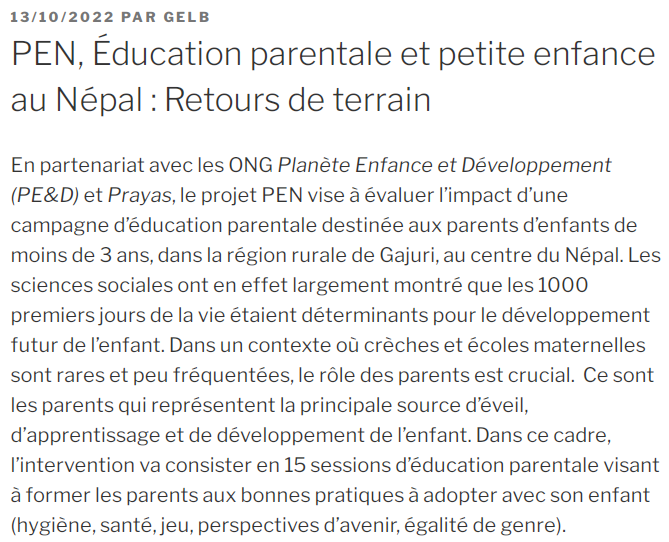 PEN, Éducation parentale et petite enfance au #Népal : Retours de terrain – Programme PAIRES 
Article de Blog rédigé par Florence Arestoff, Olivia Bertelli, Elodie Djemaï  (enseignantes <a href="/Paris_Dauphine/">Université Paris Dauphine - PSL</a>)
▶️paires.hypotheses.org/590
Le Programme Paires est 1projet <a href="/ird_fr/">IRD.fr</a> <a href="/AFD_France/">Agence Française de #Développement (AFD) 🇫🇷 🇪🇺</a>