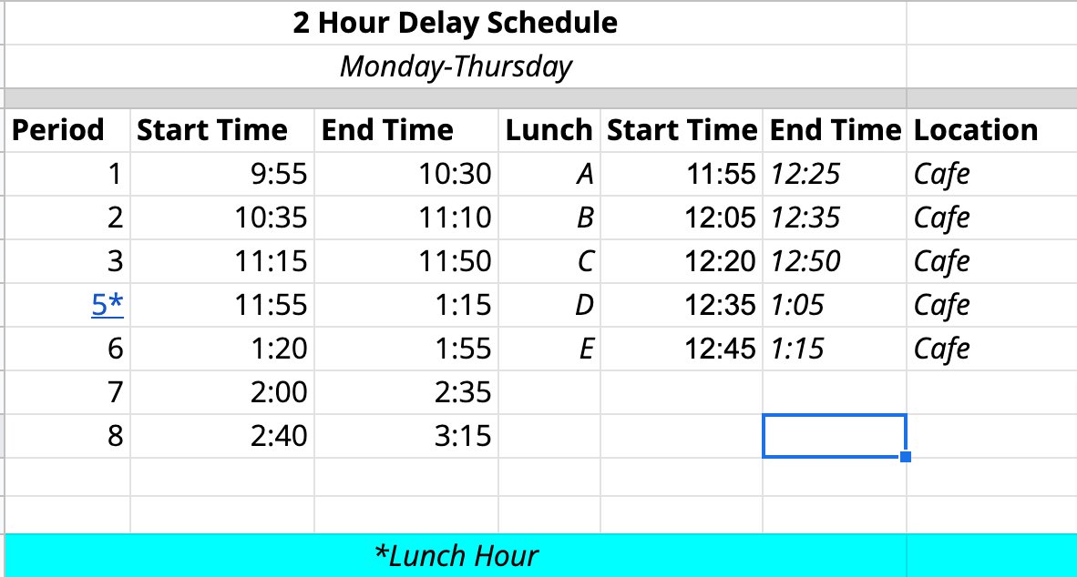 PhsGoBigRed's tweet photo. 2 Hour Delay Bell Schedule:  PCSC will operate on a two hour delay bell schedule today due to fog.  Here is the bell schedule for PHS: https://t.co/9ix2dheaKI