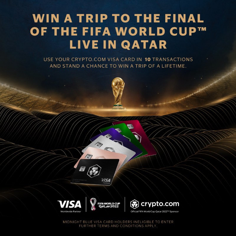 cryptocom's tweet photo. ⚽ Win an all-expenses-paid trip to @FIFA World Cup FINAL in Qatar 2022™ 🏆
💳 Make 10 transactions with your Cryptocom Visa Card
🗣️ Tell us in 25 words why you want to go to the #FIFA World Cup

Check out full details here: https://t.co/Rm5O70ITWg