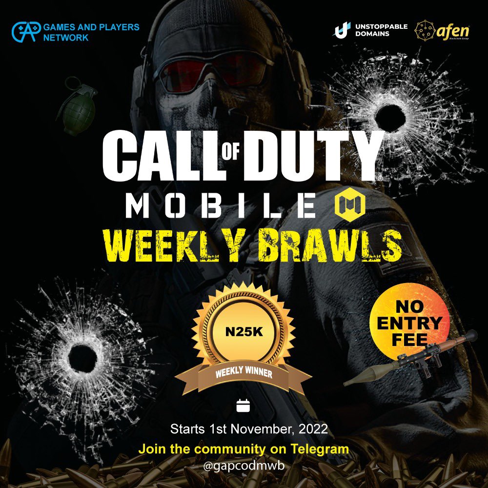 Afenblockchain's tweet photo. ๐จ Calling on all CALL OF DUTY ๐ฎ #Afengers in SSA (Sub-Saharan Africa).
Join https://t.co/1kIj6RPUbm if you have what it takes to participate in the @gapnetwork_ โWeekly Brawlsโ โ ๏ธ - starting Nov. 1, 2022.
๐ Supported by @Afenblockchain #UnstoppableDomains #CallofDuty . https://t.co/FD3KNq2C06