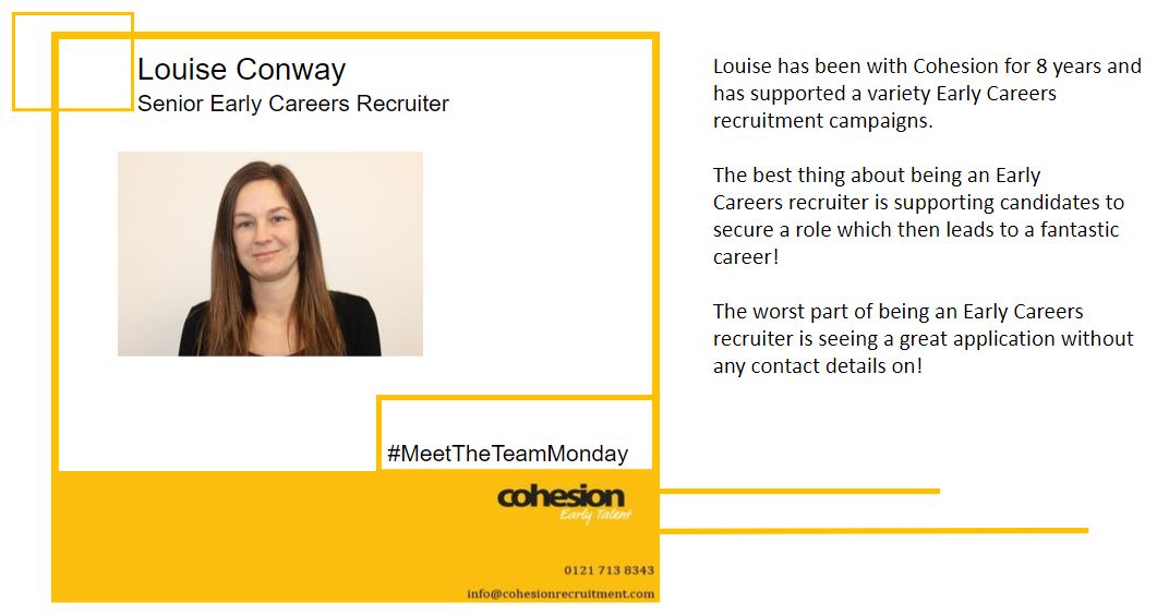 #MeetTheaTeamMonday
Meet Louise, a Senior Early Careers Recruiter at Cohesion