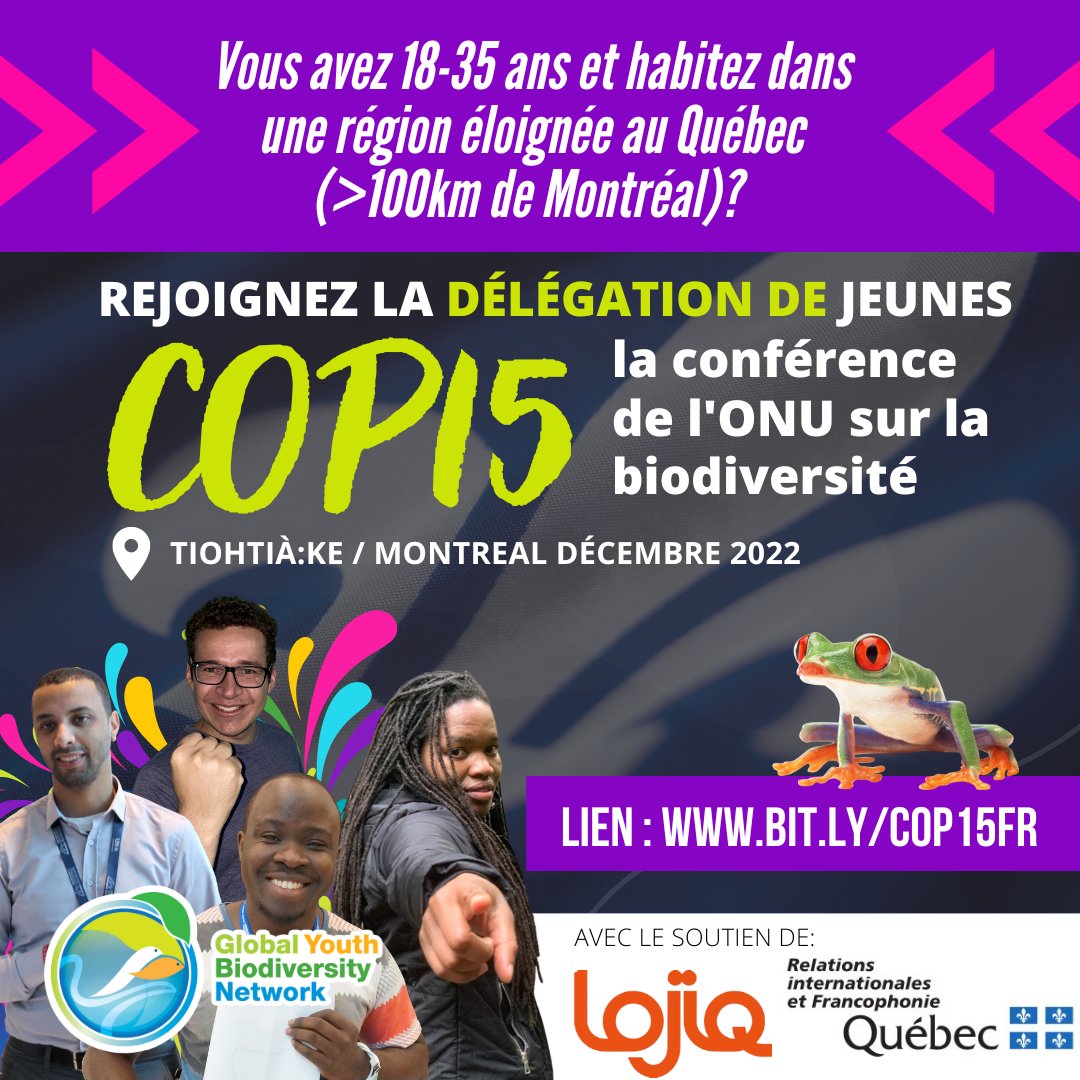 Appel aux jeunes québecois en dehors de Montréal ! Postulez pour participer à la COP biodiversité des #NationsUnies bit.ly/COP15FR