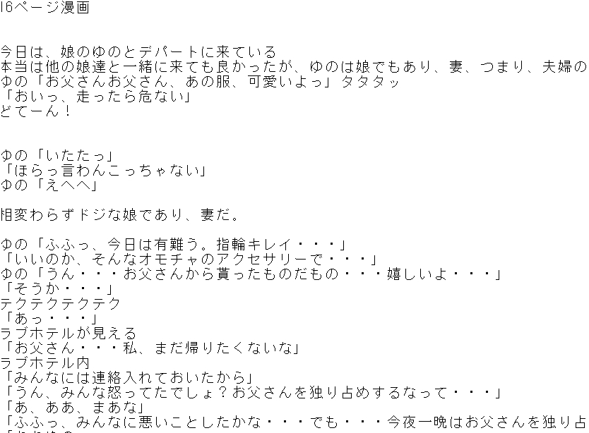 パソコンを触れなかった時間があったので、10~16ページエロ漫画のセリフ集を書き上げた。僕は文章を全て書いてからコマ割りに配置していくスタイル。内容は以前描いた漫画のヒロインの娘とのエロ。短編漫画として描いてDL販売出来れば。 