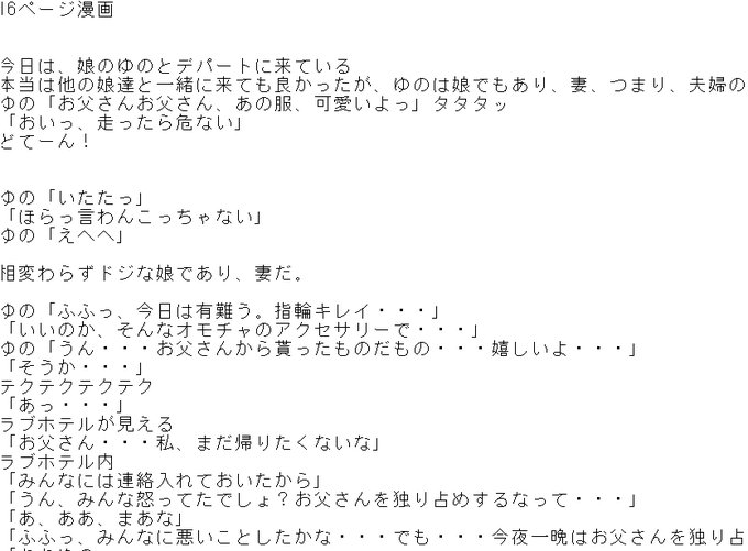 パソコンを触れなかった時間があったので、10~16ページエロ漫画のセリフ集を書き上げた。僕は文章を全て書いてからコマ割りに配置していくスタイル。内容は以前描いた漫画のヒロインの娘とのエロ。短編漫画として描いてDL販売出来れば。 