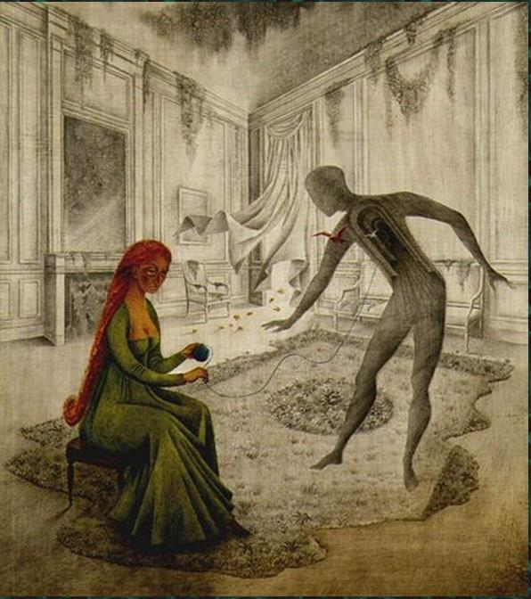 Woman Leaving the Psychoanalyst's Office 
Remedios Varo
passionforpaintings.com/gb/painters/re…