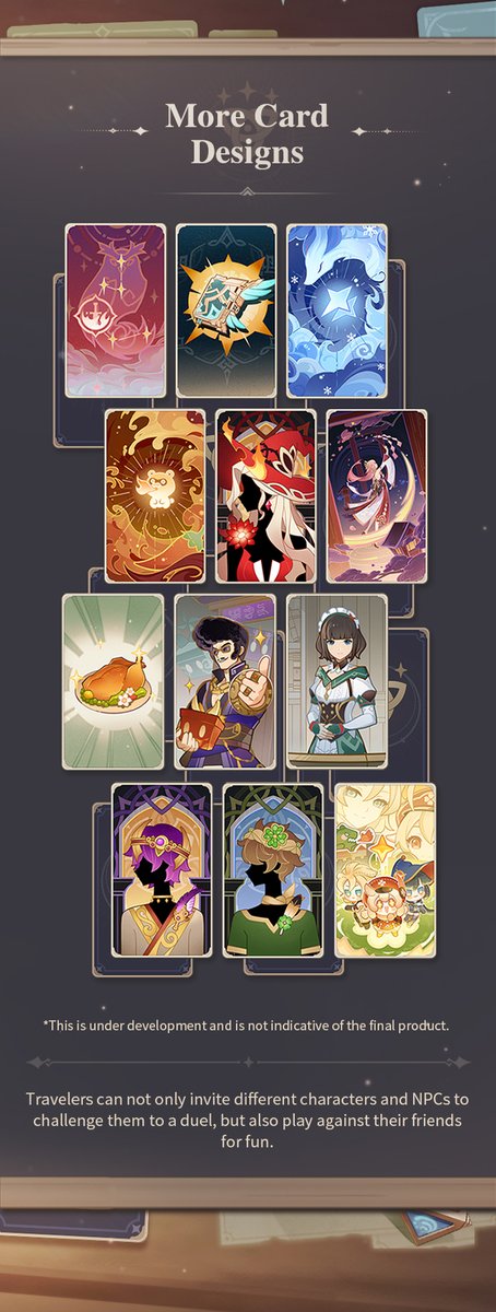 GenshinImpact's tweet image. New Permanent Gameplay in Genshin Impact Coming Soon!
Genius Invokation TCG will be a light-hearted, casual gameplay mode that has PvE at its core. All cards can be obtained in-game, with no reward system tied to PvP. 

#GenshinImpact