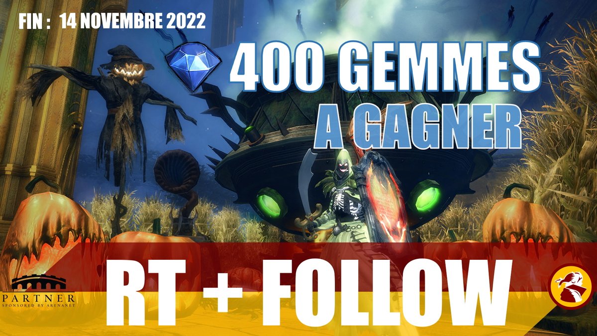 👻 Ce soir c'est halloween 🎃
Pour fêter cela je te propose un #giveaway effrayant 😱
 ➡️400 Gemmes à gagner pour #GuildWars2 

POUR PARTICIPER (compte arenanet uniquement)
💎FOLLOW <a href="/RiSuGaming/">RisingSun</a>
 💎💎RETWEET 
Fin du concours le 14 novembre 2022 23:59 CEST

 #GW2 #GW2EOD