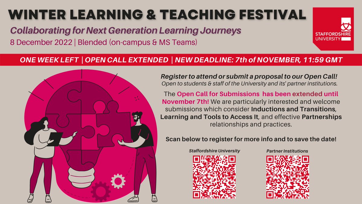 @StaffsUni @SOT6FC @riversidecoll @southstaffs One week left to submit your proposal to our Winter Learning & Teaching Festival - open to @StaffsUni staff and students & and our partnerships! #proudtobestaffs #opencall #partnerships #FEtoHE #furthereducation #highereducation