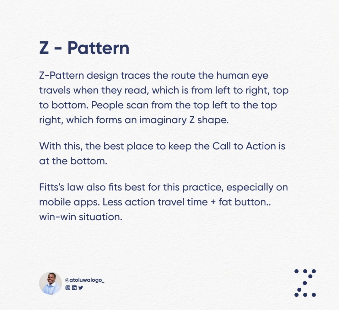 atoluwalogo_'s tweet photo. Understanding Z-pattern helps product designers build a functional call-to-action button.
#atoluwalogo #productdesign #zpattern #calltoaction #designinspiration https://t.co/qweatfVs5F