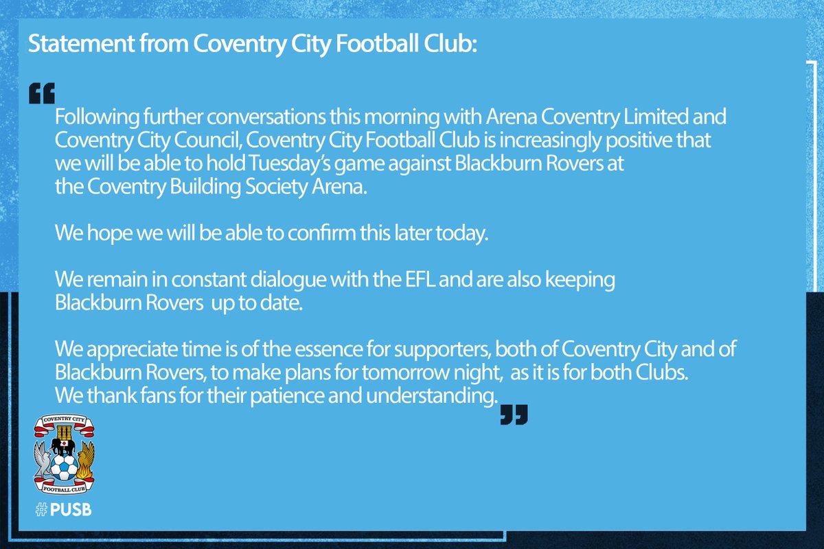 Our latest update for fans - we are increasingly positive that we will be able to hold tomorrow's game at the Coventry Building Society Arena. #PUSB