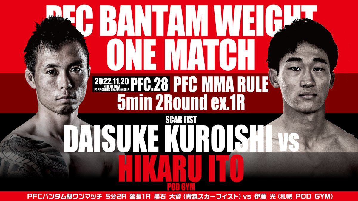 PFC_Hokkaido's tweet photo. 【PFC.28】第2試合 セミファイナル
バンタム級 5分2R 延長1R
黒石 大資（青森 スカーフィスト）
vs
伊藤光（札幌 POD GYM）
【大会概要】
10月16日（日）in 札幌PODアリーナ大会 https://t.co/u3gh6YXzpE
#MMA #総合格闘技 #PFC #PFC27 #札幌 #北海道 https://t.co/BIF3Gap25X