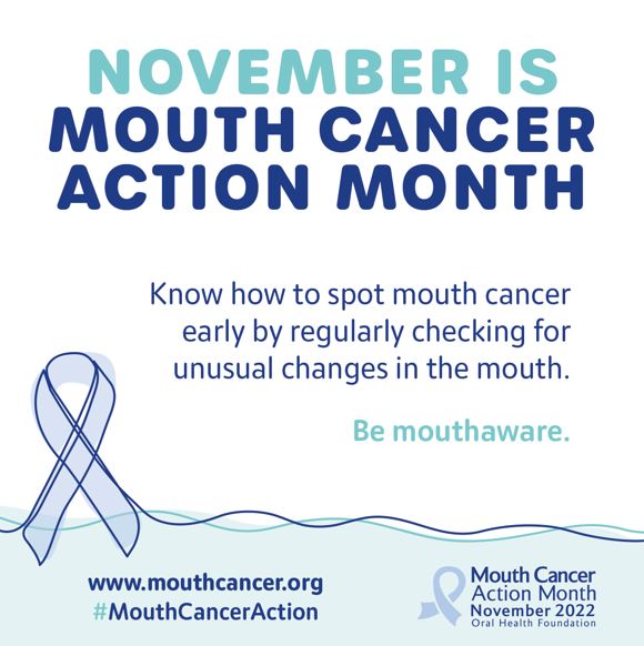 November is #MouthCancerAction Month. 

Be #Mouthaware - if you think something isn't right, get yourself checked out by your dentist. #SpotTheSigns 

Find out more about mouth cancer from <a href="/dentalhealthorg/">Oral Health Foundation</a> ⬇️
bit.ly/3GXwvIH