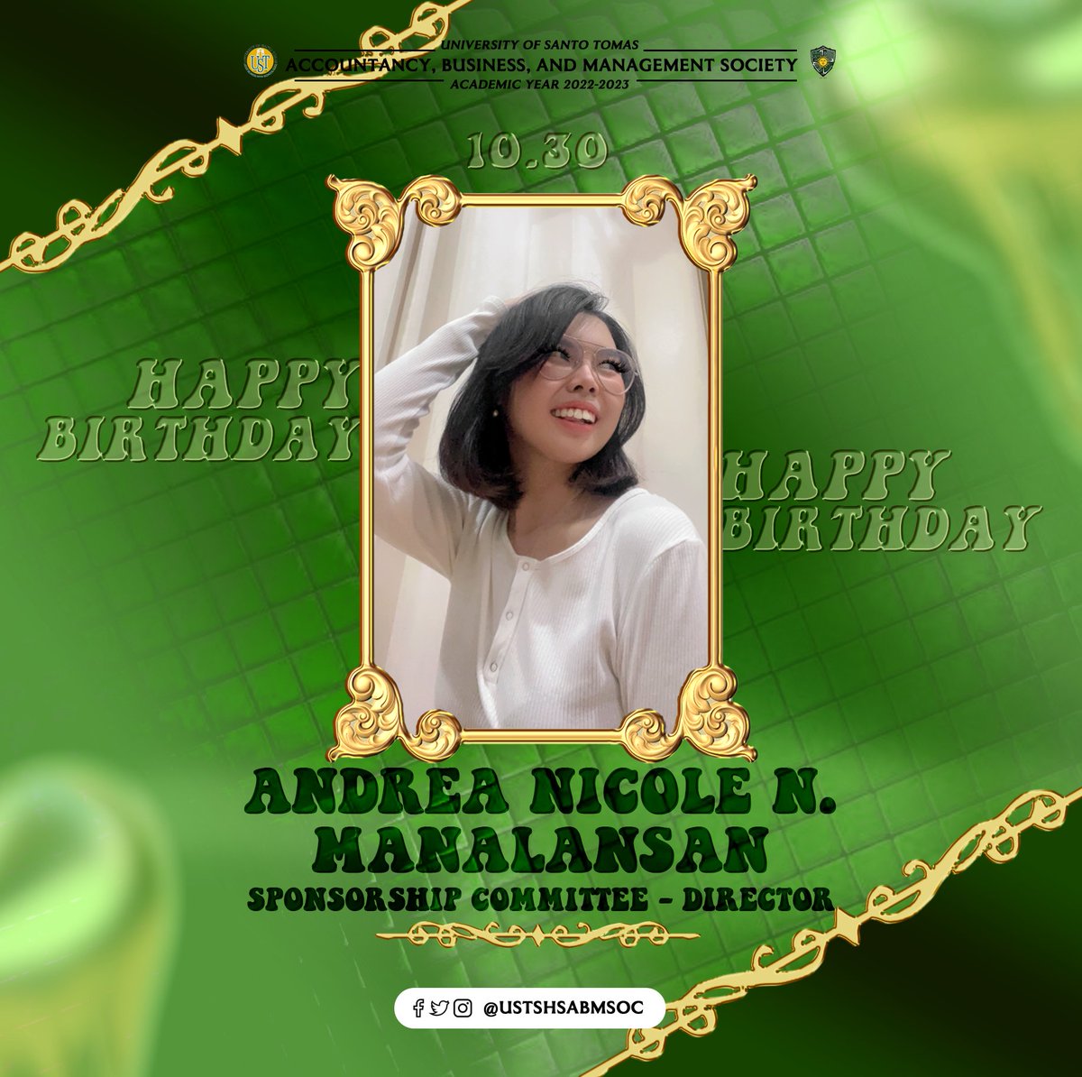 ustshsbesoc's tweet photo. As we wrap up October, the ABM Society is thrilled to greet our October babies a blessed birthday! 🎂

May you continue to shine and glow brightly than before ✨ 

#ABMaligayangKaarawan

Caption by Atasha Ababa
Pubmat by Anjelo Desierto &amp; Laureana Tadeo https://t.co/opLvnAtgU2