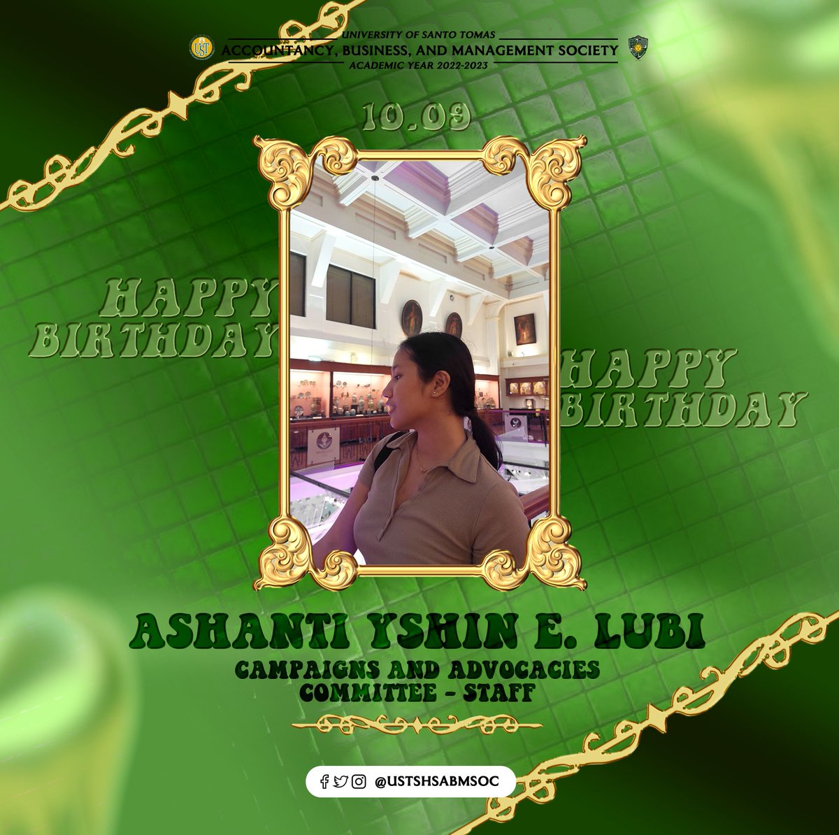 ustshsbesoc's tweet photo. As we wrap up October, the ABM Society is thrilled to greet our October babies a blessed birthday! 🎂

May you continue to shine and glow brightly than before ✨ 

#ABMaligayangKaarawan

Caption by Atasha Ababa
Pubmat by Anjelo Desierto &amp; Laureana Tadeo https://t.co/opLvnAtgU2