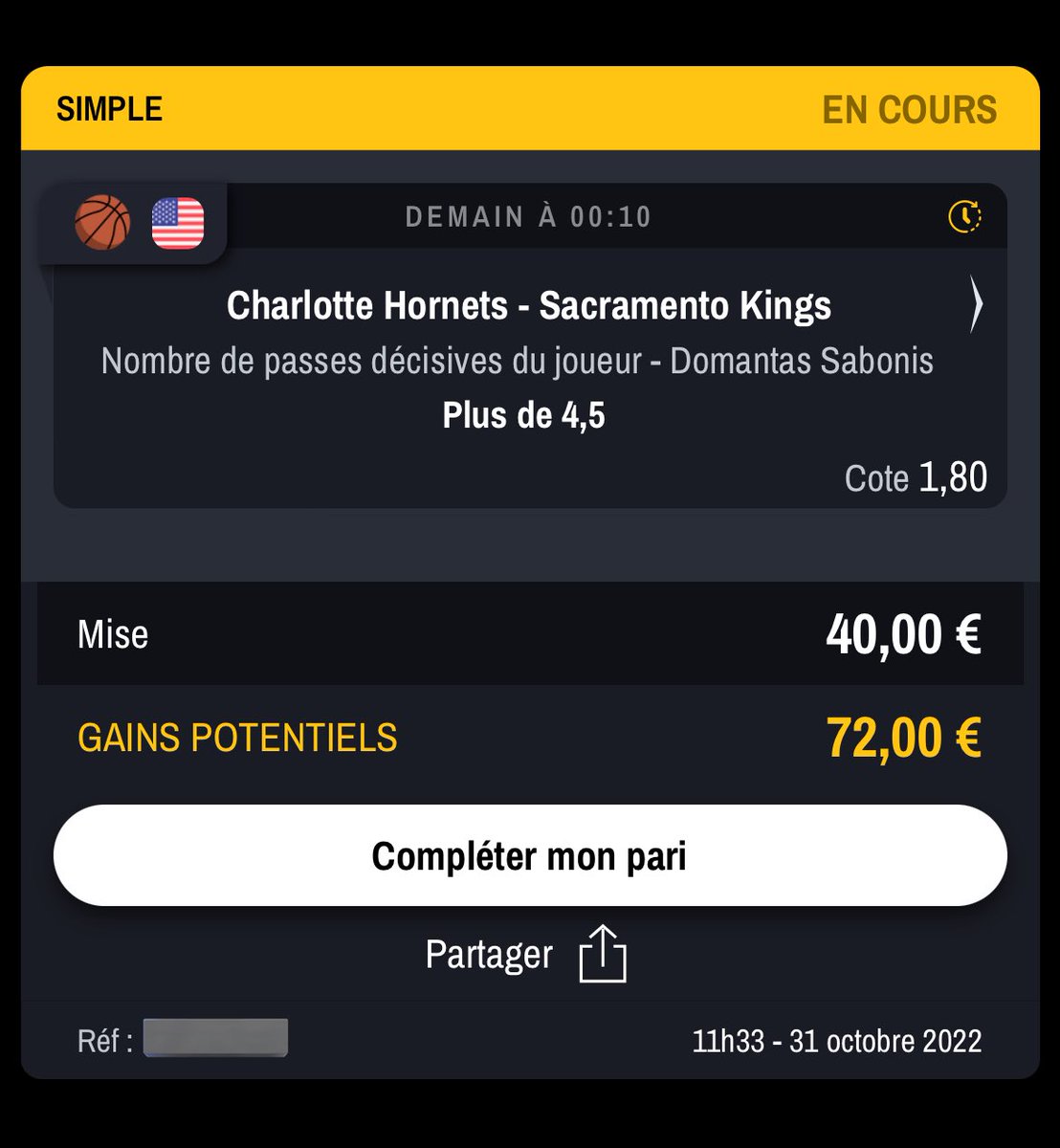 SknurtBetting's tweet image. 🗓 31/10 - Pick #1 | #NBA🇺🇸

🏟 Hornets vs. Kings @ 00:00 ⏰ 

#TeamParieur #NBATwitter  
➔ Sabonis +4,5 P. @ 1,80 | 2%

RT♻️ si tu suis &amp;amp; ❤️ si tu soutiens ✊