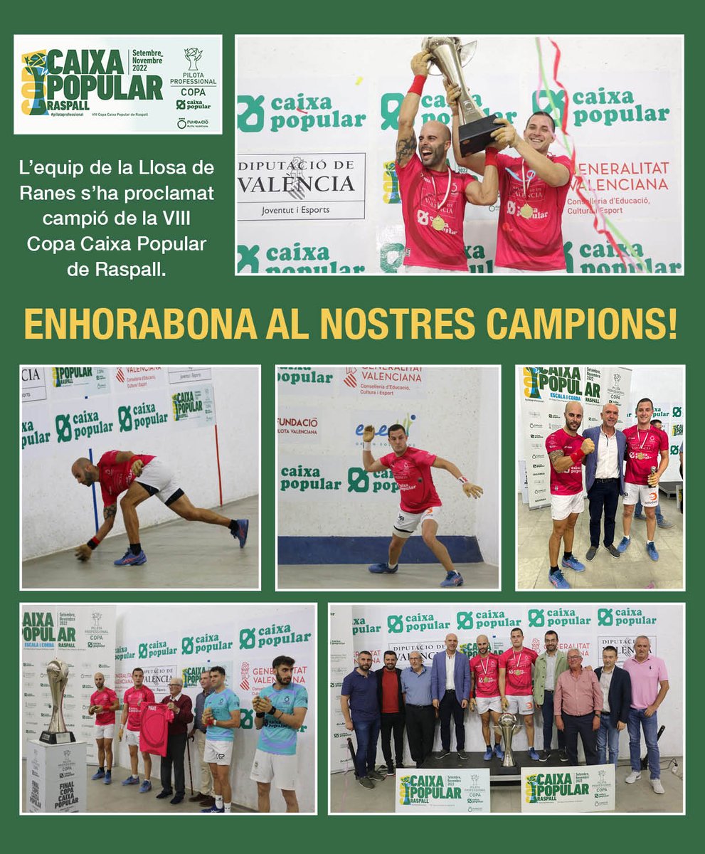 🏆 L'equip de la Llosa de Ranes s'ha proclamat campió de la VIII Copa Caixa Popular de Raspall. Des de l'Ajuntament volem donar l'enhorabona a Ian i Brisca pel seu triomf a la gran final de pilota que es va celebrar el passat dissabte al trinquet del Genovés.