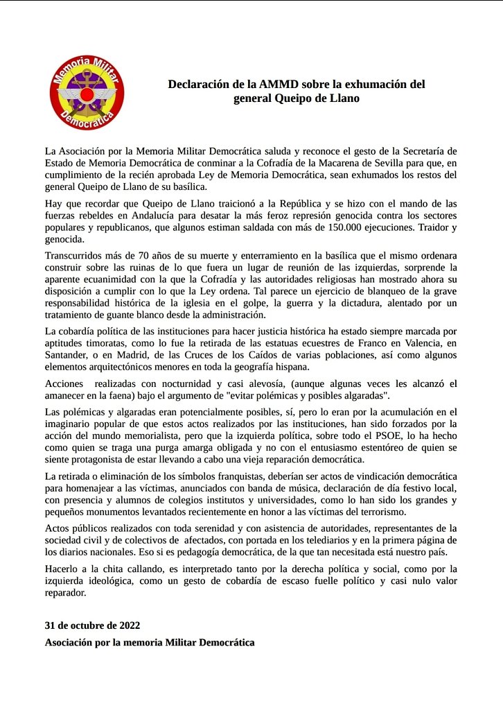 Sobre la exhumación de #QueipoDeLlano, desde toda España, a 31 de octubre de 2022, hacemos pública la siguiente: