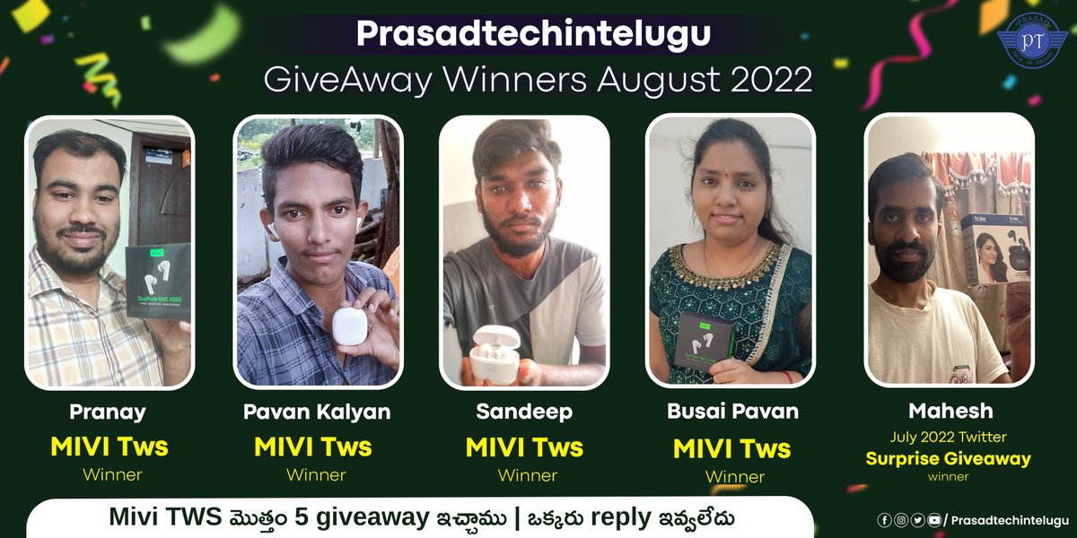 iamprasadtech's tweet photo. 👉Congratulations July,Aug 2022 &amp; 3M #prasadtechintelugu Giveaway Winners.

June &amp; July Two months vi kalipi July lo winners ni announce cheyadam jarigindi. https://t.co/Yu3AzQhPzX