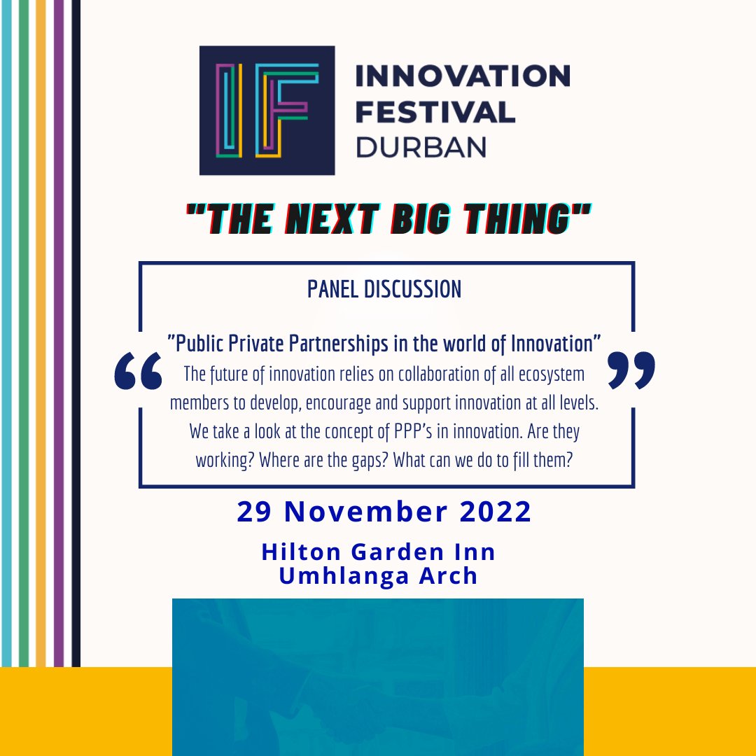 InnovateDurban's tweet image. 🚨🚨🚨SESSION SPOTLIGHT!!!
Join us for an insightful panel discussion on PPP&apos;s in Innovation!

For more information click here: bit.ly/3Cw00Bu  

Tickets available from Quicket on: qkt.io/WD2L3Q 

#innovation #innovatedurban #innovationcolab #innovationfestival