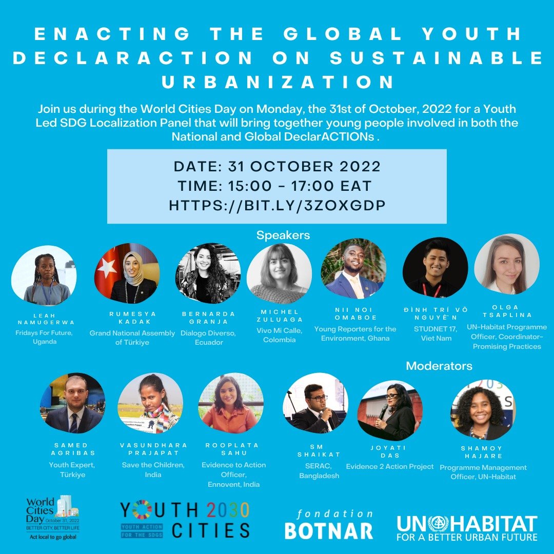 ⭕Register through👉 bit.ly/3zoXGdp and be part of a panel discussion on Enacting the Global Youth DeclarACTION on Sustainable Urbanizantion, today from 15:00 to 17:00 EAT.

#Youth2030Cities
#WorldCitiesDay