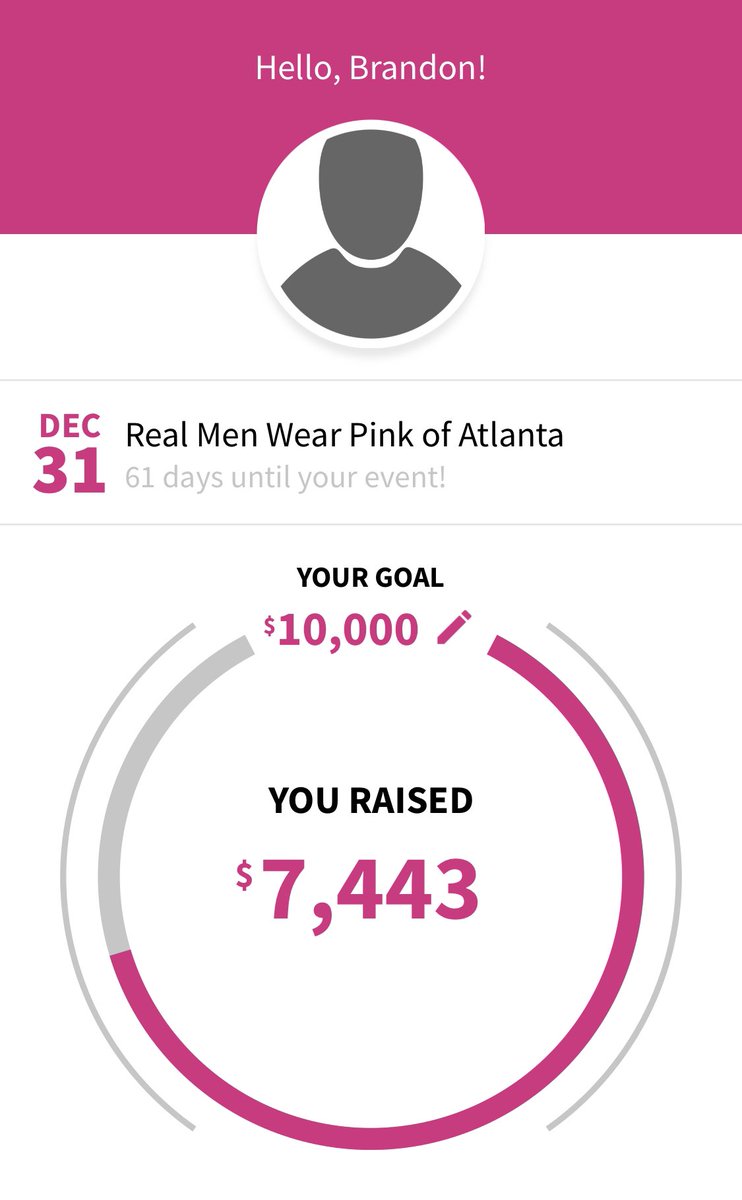 HometeamBleak's tweet photo. We are are closer to our goal Atlanta. One last chance to donate to our Real Men Wear Pink campaign, raising funds for breast cancer awareness and research.
https://t.co/g2QbLXdAQV
#RMWP
#RMWPAtI
#AttackingCancer
#BreastCancer
#AmericanCancerSociety
#RealMenWearPink https://t.co/eMetyMP9n2