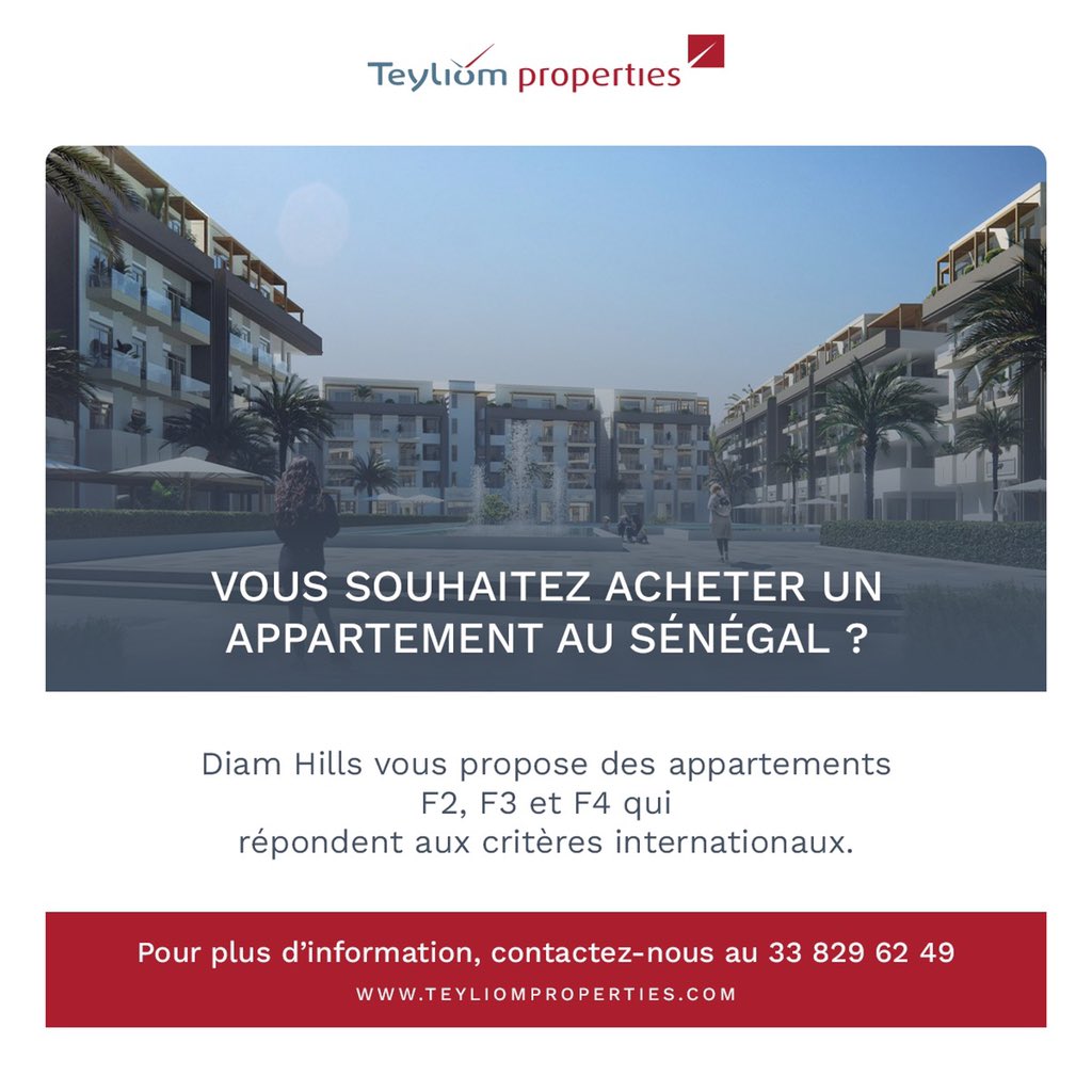 Vous souhaitez acheter un appartement au Sénégal ? 🤔

Diam hills vous propose des appartements de type F2, F3 qui répondent aux critères internationaux.🏘🤩

Découvrez tous nos projets sur teyliomproperties.com

Pour toute information contactez-nous au : 33 829 62 49.