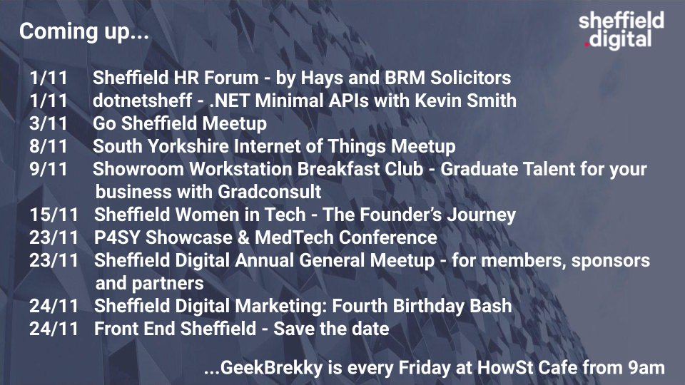 RT SHFDigital 'Summary of events happening in November - full details on our calendar: sheffield.digital/events/ Members - please check your email for details on our AGM. More announcements on this coming soon! #SheffEvents '