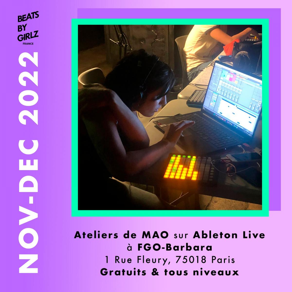 Aujourd'hui, @BeatsByGirlz démarre son cycle d'ateliers MAO au @fgobarbara. Beat-making, samplers, synthés virtuels… Des ateliers gratuits pour les femmes et minorités de genre.