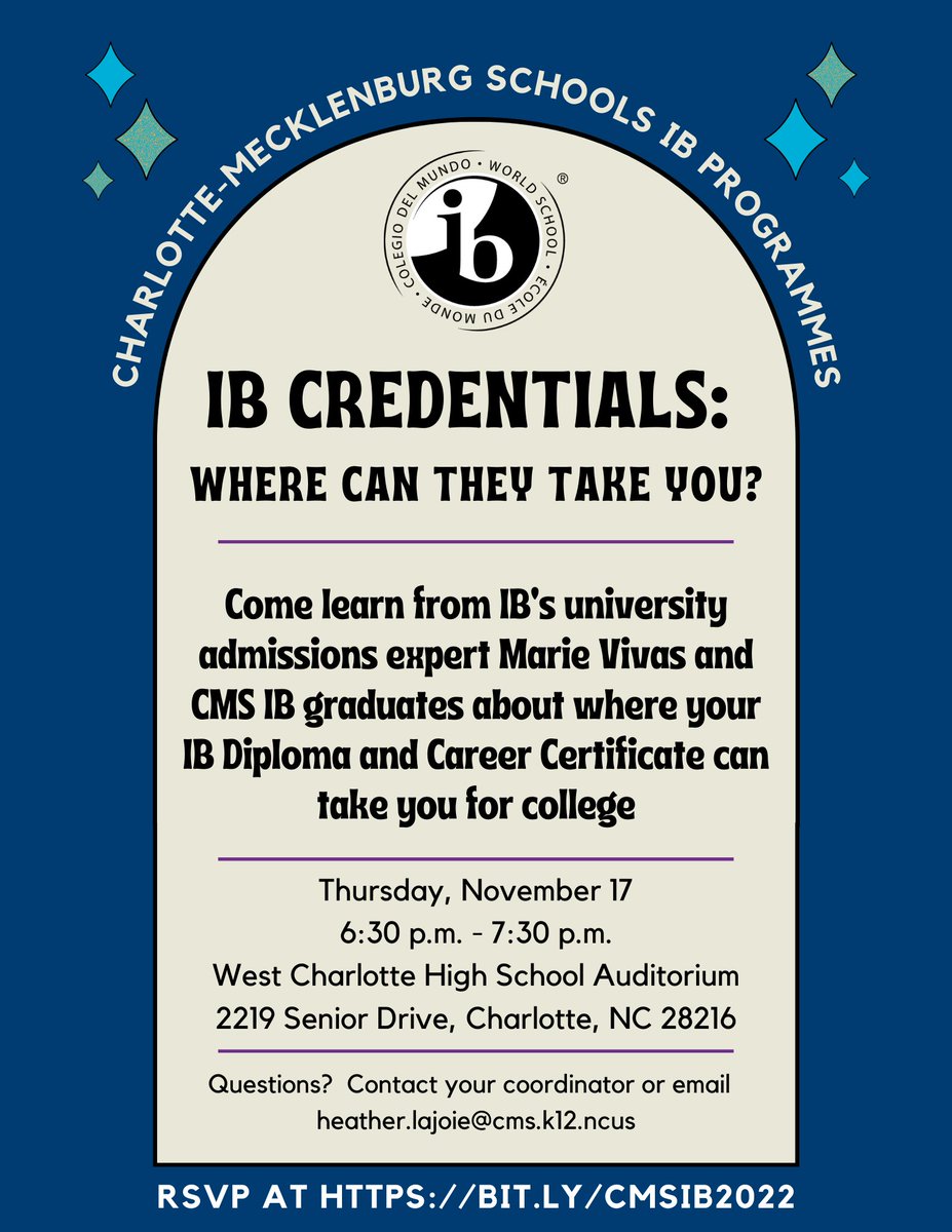 EastMeckIB's tweet photo. Are you a CMS IB high school student? Wondering where your IB work can take you?  Join us at West Charlotte High School on Thursday, November 17, to learn from an IB specialist and CMS IB alums! https://t.co/k0KBBoltGc