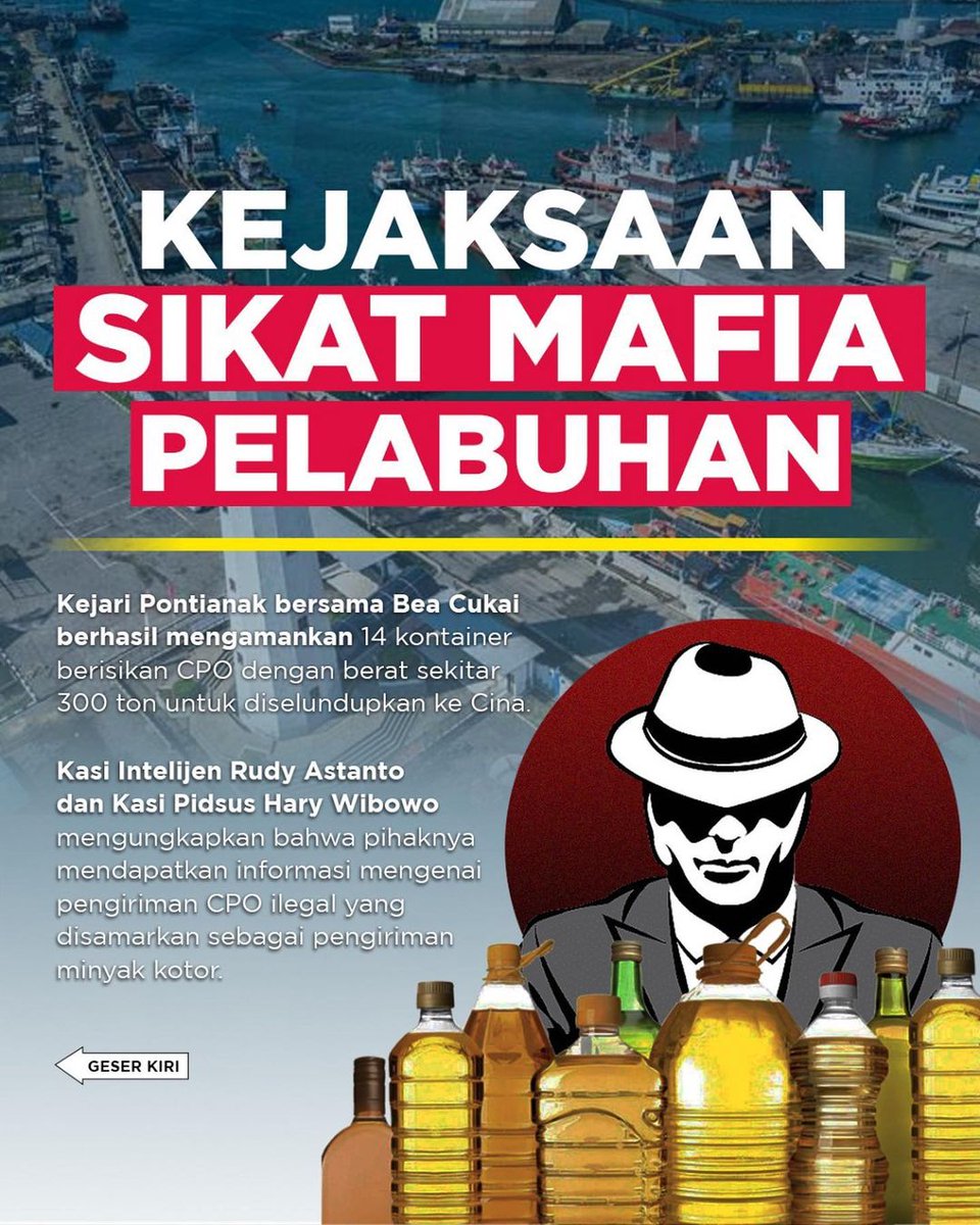 jaksapedia's tweet photo. Tegas dan Tak Pandang Bulu. Kejaksaan baru-baru ini membongkar sindikat mafia pelabuhan. Modus operandinya, pengiriman CPO yg disamarkan sbg minyak kotor. Kejari Pontianak bersama Bea Cukai menggagalkan penyelundupan 14 kontainer CPO seberat 300 ton, yg akan dikirim ke China. https://t.co/SmLIcqCnwy