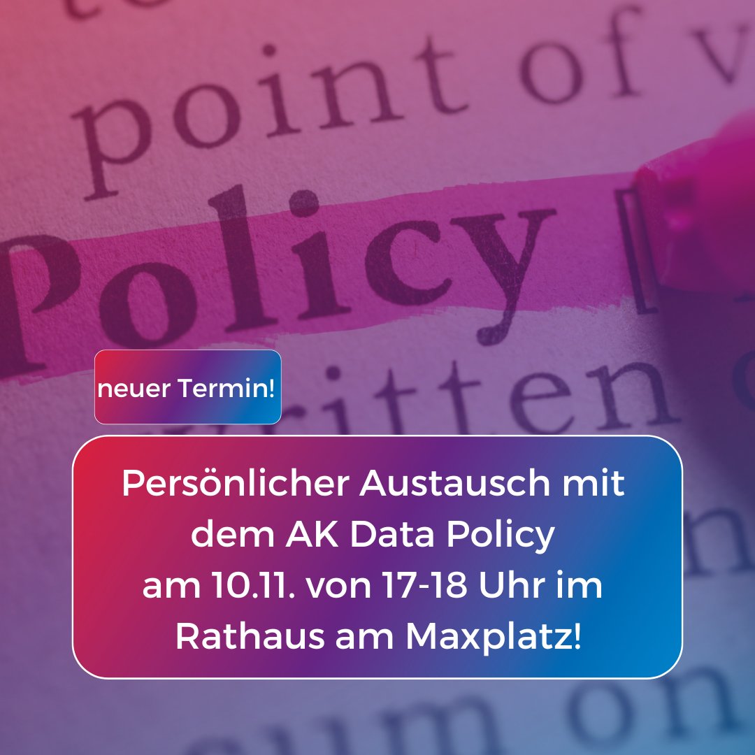 Smart_City_Bamberg (@citybamberg) on Twitter photo Bezüglich einer bamberger Datenrichtlinie, wollen wir den direkten Kontakt mit den Bürger:innen treten!
weitere Informationen: tinyurl.com/datapolicyscb
Termin: 11.09.22; 17-18 Uhr
Ort: Rathaus am Maxplatz
Anmeldungen bis 25.09.22:
smartcity@stadt.bamberg.de / unter 0951-872109. Bezüglich einer bamberger Datenrichtlinie, wollen wir den direkten Kontakt mit den Bürger:innen treten!
weitere Informationen: tinyurl.com/datapolicyscb
Termin: 11.09.22; 17-18 Uhr
Ort: Rathaus am Maxplatz
Anmeldungen bis 25.09.22:
smartcity@stadt.bamberg.de / unter 0951-872109.