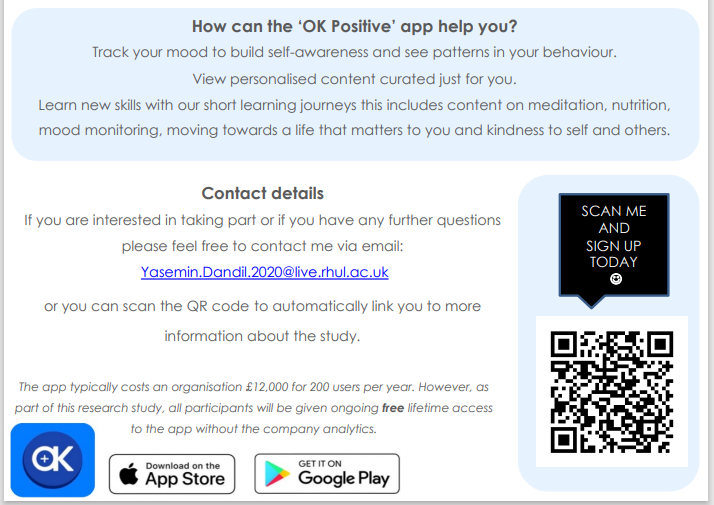 Last chance to sign up! Do you work in a healthcare setting and are interested in improving your well-being? Please consider taking part in this research and help test an app that supports your well-being. 😍 Email Yasemin.Dandil.2020@live.rhul.ac.uk to find out more.