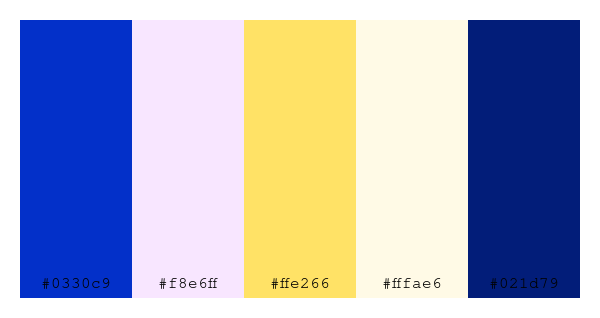 ColPaletteBot's tweet photo. Beep beep, here's a pretty color palette for you!
color-scheme.js parameters used:
- hue: 92
- variation: hard
- colors: #0330c9, #f8e6ff, #ffe266, #fffae6, #021d79
Have a lovely day!
#twitterbot #colorpalette #colors #palette #prettycolors https://t.co/UY4KnvuuDn