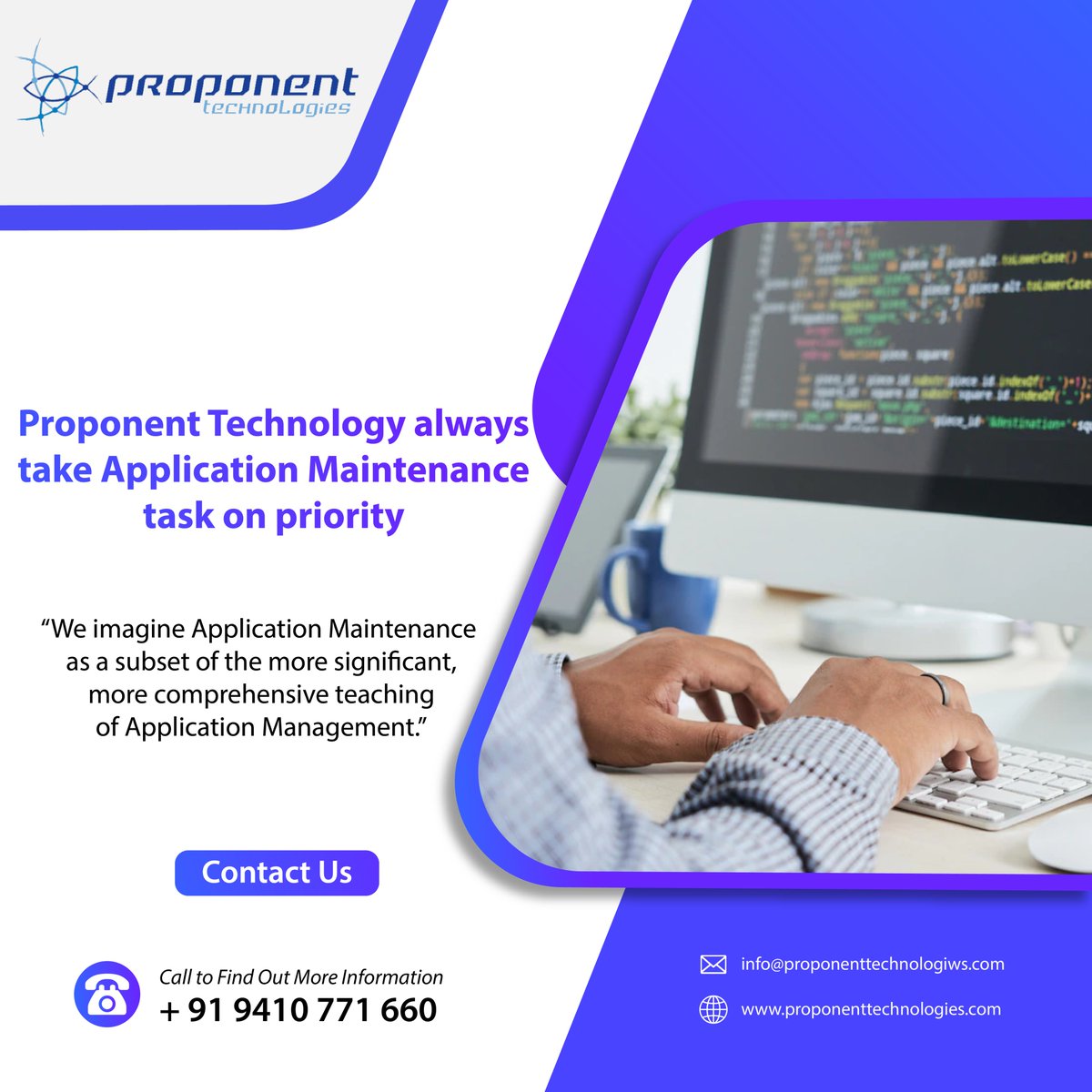 Proponent_tech's tweet image. Proponent Technologies always work according to the current market challenges for application management.
For more information and a free quote visit us at proponenttechnologies.com
#webdevlop #webdevelopment #developer #webdesigning #applicationmaintenance